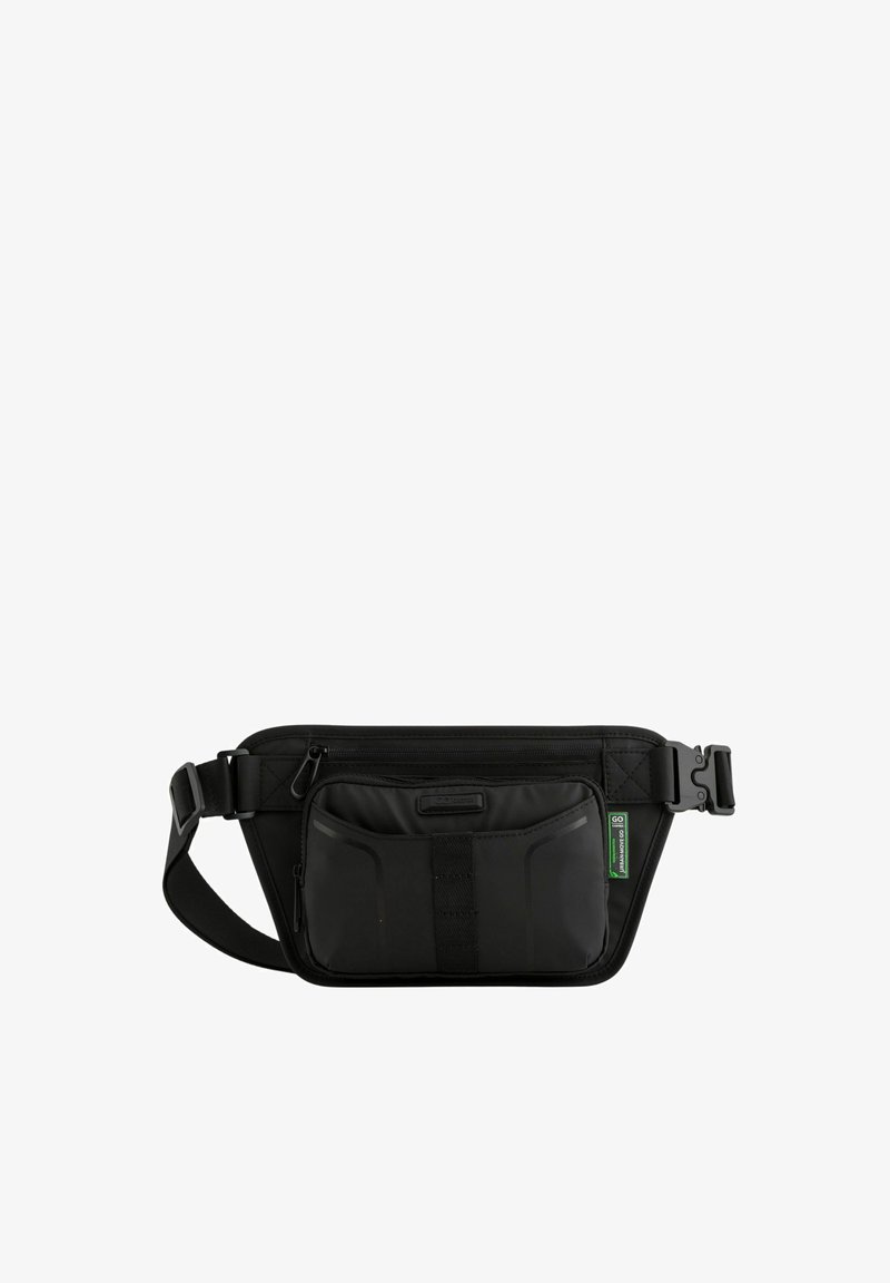 Černá ledvinka vyrobená z odolné tkaniny s hladkou texturou. Obsahuje hlavní zipovou přihrádku, přední kapsu, nastavitelné zapínání na sponu a štítek s logem.