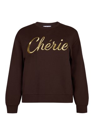 Bruine sweatshirt met een ronde hals en geribbelde manchetten, met het woord "Chérie" in gouden metallic cursief over de borst.