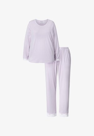 Lys lilla langærmet bluse med hvid kant og matchende bukser. Blusen har en rund halsudskæring; bukserne har en elastisk talje. Blødt, letvægtsstof.