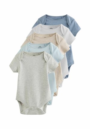 Vijf babyrompers met korte mouwen in grijs, lichtblauw, beige, wit en denimblauw, overlappend gerangschikt in een verticale stapel.