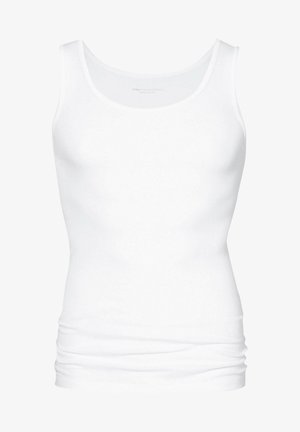 Weißes Tanktop aus 100% Baumwolle. Hat einen runden Halsausschnitt und ärmelloses Design mit einer glatten, weichen Textur.