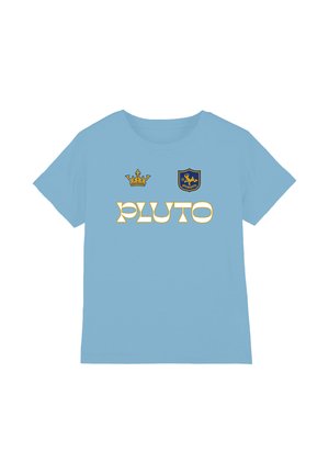 Light blue T-shirt with "PLUTO" text in white and gold, a gold crown above the text, and a blue shield emblem with a yellow lion on the chest.