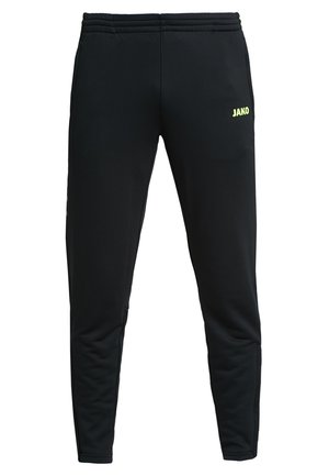 Zwarte sportieve broek met een taperende snit, gemaakt van zachte stof, met een elastische tailleband en een neongroen logo aan de voorkant.
