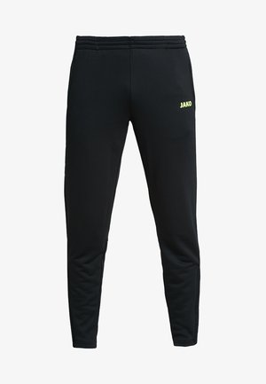 Zwarte sportieve broek met een taperende snit, gemaakt van zachte stof, met een elastische tailleband en een neongroen logo aan de voorkant.
