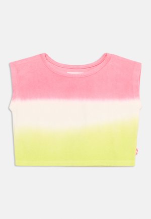 Haut court sans manches à encolure ronde, arborant des rayures dégradées horizontales en rose, blanc et vert clair.