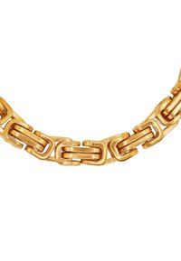 Vergoldete Metallkette mit ineinandergreifenden rechteckigen Gliedern, die eine polierte Oberfläche und eine glatte Textur aufweisen.