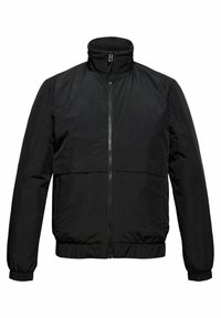 Giacca leggera nera con colletto alto, chiusura frontale con zip, polsini e orlo elastici. Texture liscia, con un taglio elegante e design minimalista.