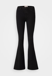 Jean évasé noir en denim, doté d'une taille haute, de cinq poches et d'une fermeture par bouton. Texture lisse et détails de coutures minimalistes.