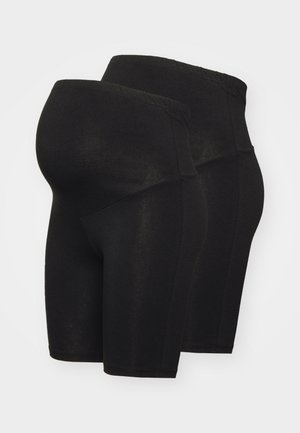 Zwarte zwangerschapsshorts van rekbare stof, met een elastische tailleband en een gladde textuur, ontworpen voor comfort en ondersteuning.