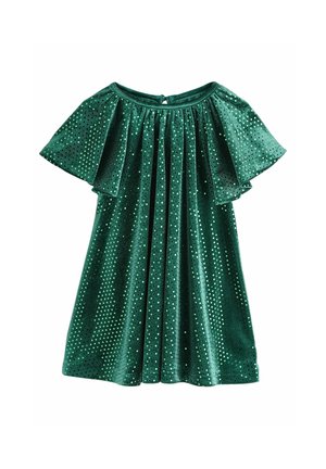 Grünes Samtkleid mit ausgestellten Ärmeln, verziert mit kleinen Pailletten und Falten. Schlüssel-Ausschnitt hinten. Weicher Stoff und knielange Silhouette.
