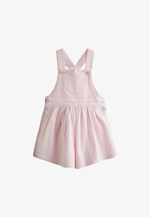 Lyserød struktureret babydragt med krydsbag stropper, forreste brystlomme og knaplukning på stropper og sider.