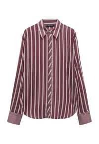 Chemise à manches longues rayée bordeaux avec un col, une fermeture à boutons sur le devant et des rayures verticales blanches contrastantes. Tissu texturé.