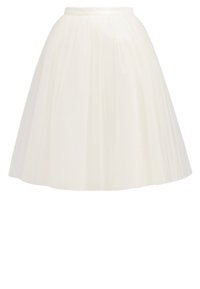 White, knee-length skirt made from lightweight fabric. Features a flared design with pleats and a smooth, fitted waistband.