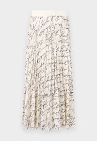 Jupe midi plissée en tissu crème avec un motif manuscrit noir. Dotée d'une taille ajustée et d'une silhouette fluide, offrant texture et mouvement.