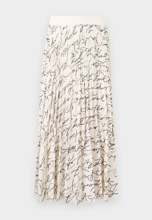 Jupe midi plissée en tissu crème avec un motif manuscrit noir. Dotée d'une taille ajustée et d'une silhouette fluide, offrant texture et mouvement.