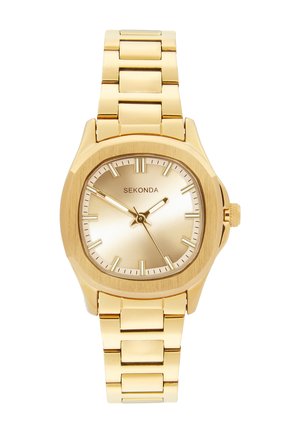 Goldene Sekonda-Armbanduhr mit Metallgliederarmband, rundem Zifferblatt mit goldenen Stundenmarkierungen und drei Zeigern, die 10:10:40 anzeigen.