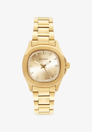 Gold Sekonda wristwatch with metal link bracelet, round dial with gold hour markers, and three hands showing 10:10:40.
