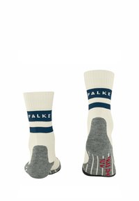 Białe i szare skarpetki typu crew z prążkowanym wzorem, z niebiesko-białym paskiem z napisem "FALKE," teksturowane podeszwy dla lepszej przyczepności.