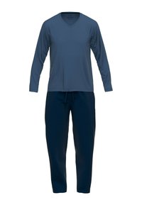 Marineblauw langmouw V-hals top gecombineerd met bijpassende broek met trekkoord, gemaakt van zachte stof, met een ontspannen pasvorm en minimale stiksels.