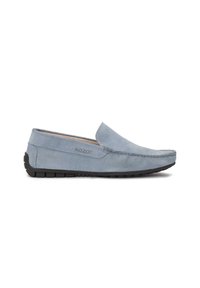 Light blue suede slip-on shoes with a rubber sole. Features a stitched toe and a textured finish. Branding on the side. Flat profile.