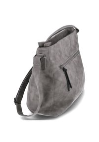 Sac en cuir gris à épaule avec une texture douce, comportant une poche zippée sur le côté et une bandoulière réglable pour plus de polyvalence.
