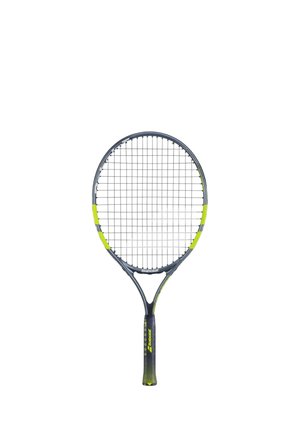 Racchetta da tennis con telaio e corde nere, grigie e giallo neon, con impugnatura nera e marchio giallo.