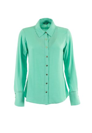 Chemise légère à manches longues de couleur vert menthe, dotée d'un col classique, d'un devant boutonné avec des boutons dorés et d'accents aux poignets.