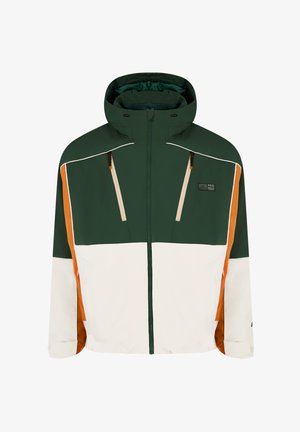 Farbenfrohe Jacke mit dunkelgrünen, weißen und orangenen Panels, hohem Kragen, Reißverschlusstaschen und einer Kapuze mit Verstellbarkeit.