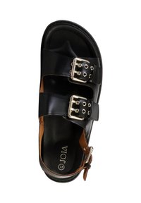 Sandale en cuir noir avec deux boucles argentées réglables et une bride arrière, taille 41, estampillée "JOIA" sur la semelle intérieure.