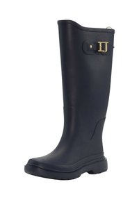 Námořnické gumové deštné boty s texturovanou podrážkou, kulatou špičkou a bočním detaily přezky. Vysoký design poskytující plnou ochranu lýtek.