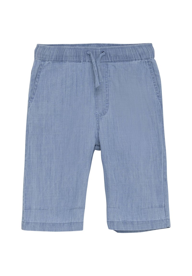 Lichtblauwe shorts van geweven stof, met een elastische tailleband met trekkoord, twee zijzakken en een recht model.