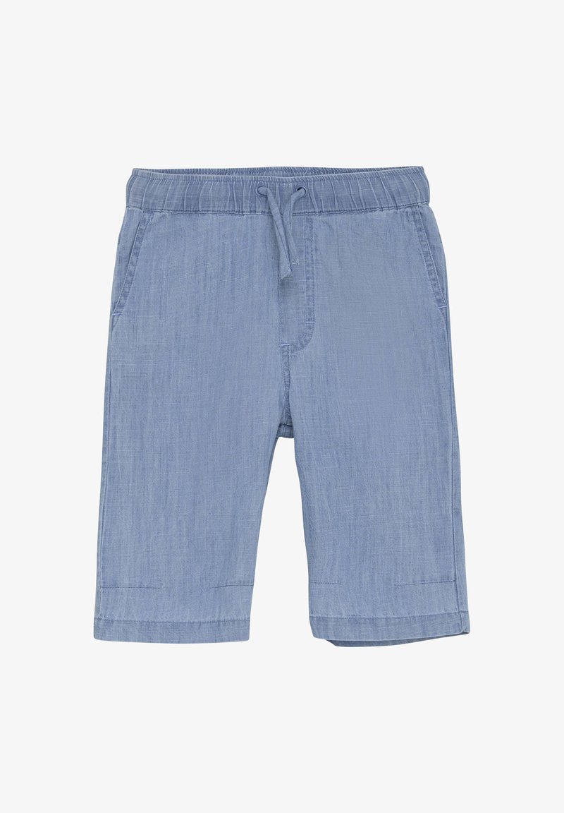 Lichtblauwe shorts van geweven stof, met een elastische tailleband met trekkoord, twee zijzakken en een recht model.
