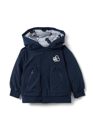 Veste bleu marine pour tout-petit avec capuche, deux poches zippées à l'avant, poignets élastiques et petit visage de Mickey Mouse sur la poitrine, capuche doublée d'un motif Mickey.