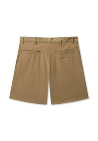 Shorts marron clair avec un devant plat, deux poches arrière et un détail brodé. Fabriqués en tissu doux et lisse. Design décontracté avec une coupe ample.