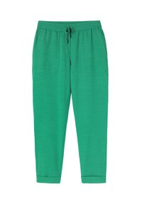 Groene joggerbroek met een elastische taille en een verstelbare trekkoord. Beschikt over twee zijzakken en taps toelopende manchetten. Gladde textuur.