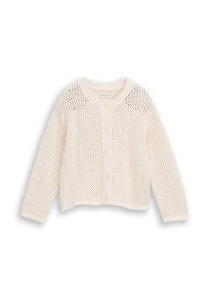 Cream-colored long sleeve knit cardigan with button closure and open weave pattern, laid flat on a white background.