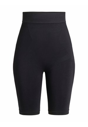 Pantaloni da ciclismo neri a vita alta realizzati in tessuto elasticizzato, con pannelli laterali a coste e una cintura elastica per il massimo comfort.