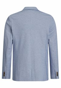 Světle modrý pánský blejzr s dlouhými rukávy, s jedním zadním švem a třemi hnědými knoflíky na každém manžetě, zobrazený zezadu.