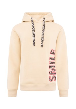 Beige Kapuzenpullover mit Leopardenmuster an den Kordeln, mit dem auffälligen Schriftzug "SMILE" in Pink und Tiermuster an der Seite. Weiches, lässiges Design.