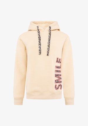Beige Kapuzenpullover mit Leopardenmuster an den Kordeln, mit dem auffälligen Schriftzug "SMILE" in Pink und Tiermuster an der Seite. Weiches, lässiges Design.