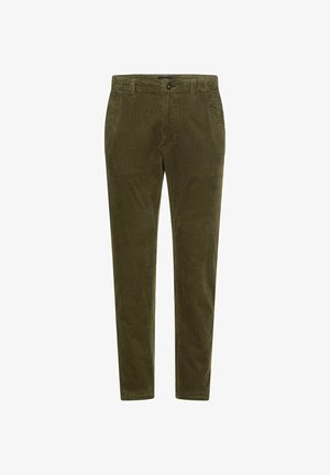 Olijfgroen corduroy broek met verticale strepen, slim fit, vier zakken en een knoopsluiting in de taille. Gestructureerd oppervlak.