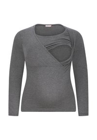 Gray long-sleeve top with a crossover design and gathered detail at the neckline. Made from soft fabric, featuring a fitted shape.