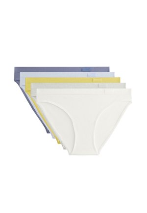 Vijf paar vrouwen katoenen slips, verkrijgbaar in verschillende kleuren: wit, lichtgeel, lichtblauw, grijs en lavendel. Eenvoudig ontwerp, zonder patronen.