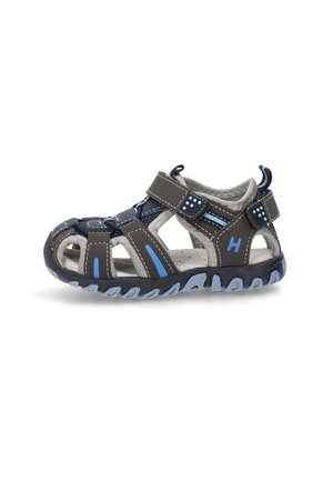 Sandalias hechas de material sintético gris y azul con punta abierta, correas ajustables y suela texturizada; diseñadas con acentos decorativos.