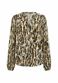 Long-sleeve blouse in a beige fabric featuring a brown and black abstract animal print, with a V-neck and button closure at the front.