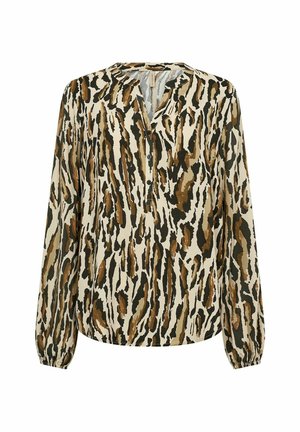 Ilgi piedurkņu blūze, izgatavota no bēša auduma, ar brūnu un melnu abstraktu dzīvnieku printu, ar V veida kakla izgriezumu un pogu aizdari priekšpusē.
