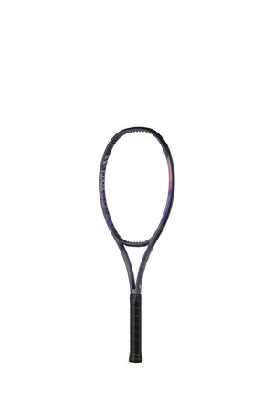 Tennisschläger mit schwarzem Rahmen, glänzendem Finish und strukturiertem Griff. Der Schlägerkopf ist oval geformt und hat bunte Akzente am Rand.