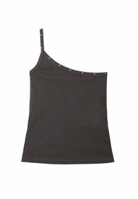 Donkergrijze, één-schouder tanktop met een slanke pasvorm, zachte stof en decoratieve zilveren steraccenten langs de halslijn.