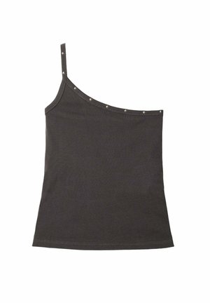 Débardeur asymétrique gris foncé avec une coupe ajustée, en tissu doux, orné d'étoiles en argent décoratives le long de l'encolure.