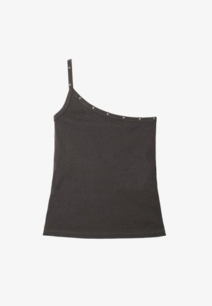 Donkergrijze, één-schouder tanktop met een slanke pasvorm, zachte stof en decoratieve zilveren steraccenten langs de halslijn.